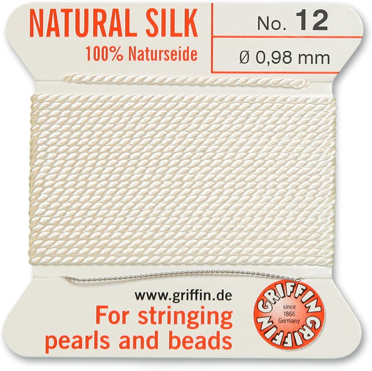Griffin Silk Bead Cord Perlseide – Size 12 (0.98mm) – 2 Meters per Card – Stainless Steel Needle Attached – for Knotting Pearls, Gemstones, Crystals and Beads
